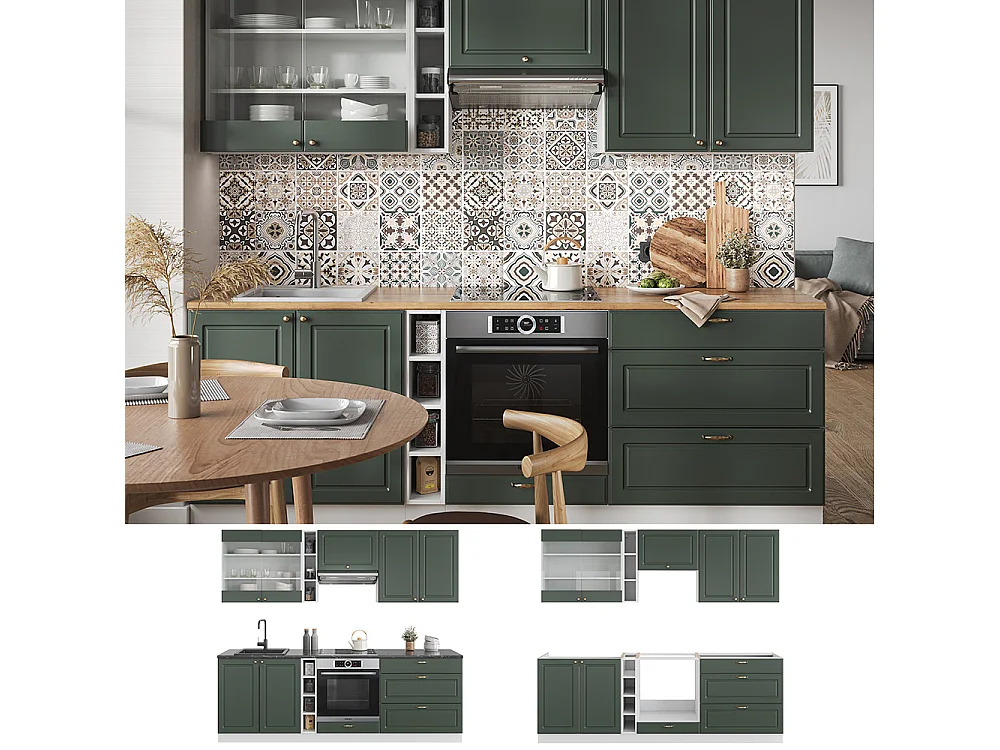 Complete keukeneenheid groen-goud landhuis/wit 235x60x81.6 fame-line