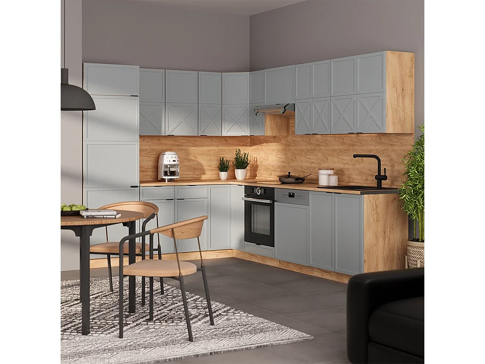 Cocina esquinera azul claro-gris/roble dorado 287x60x81.6 fame-line