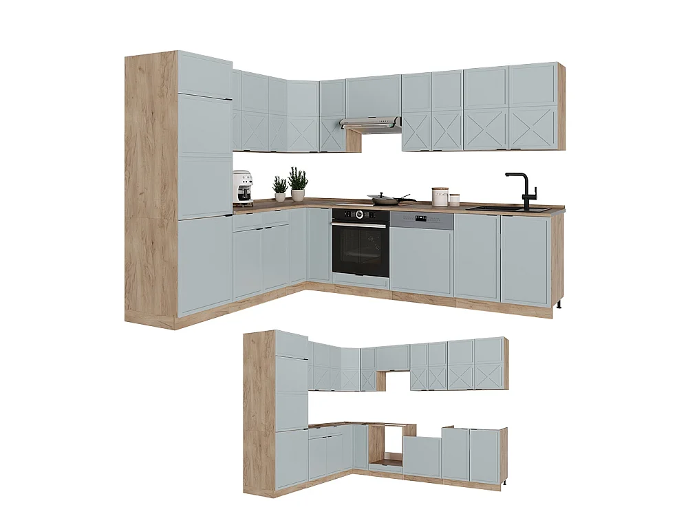 Cocina esquinera azul claro-gris/roble dorado 287x60x81.6 fame-line