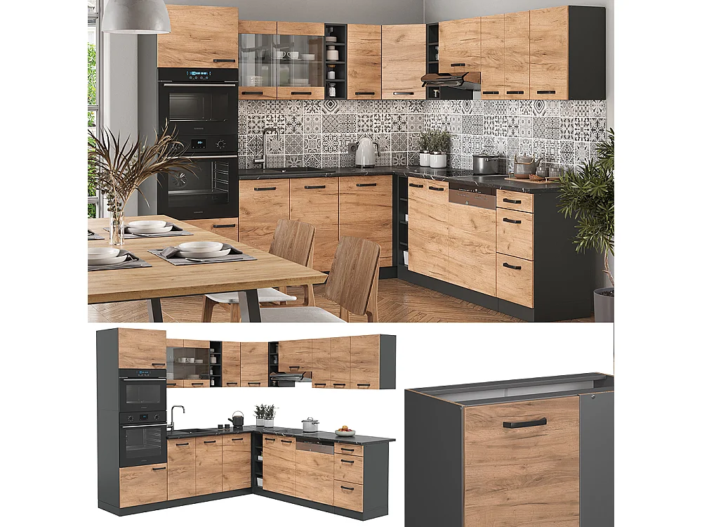 Cuisine en angle anthracite/chêne de force doré 247x60x81.6 r-line