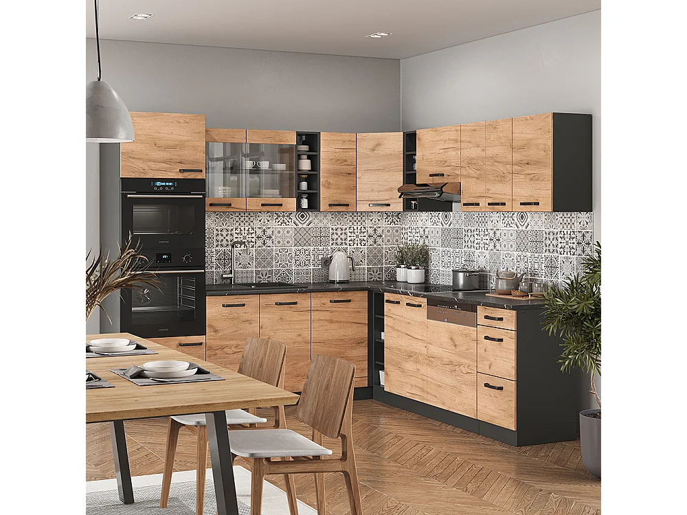 Cuisine en angle anthracite/chêne de force doré 247x60x81.6 r-line