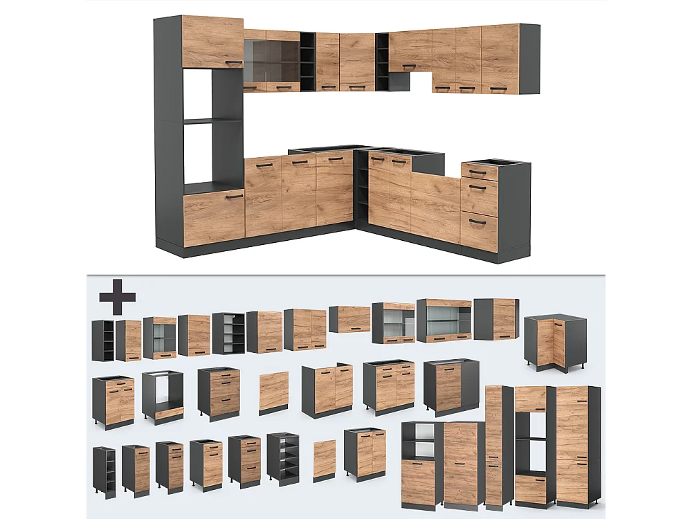 Cuisine en angle anthracite/chêne de force doré 247x60x81.6 r-line
