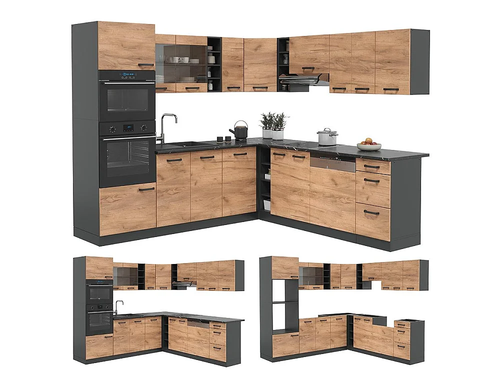 Cuisine en angle anthracite/chêne de force doré 247x60x81.6 r-line