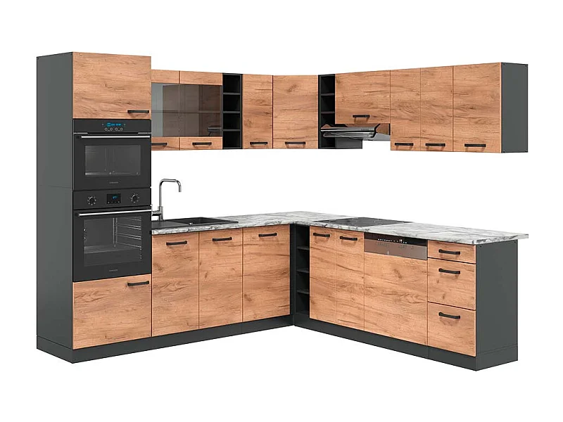 Cucina angolare completa antracite/quercia dorata 247x60x81.6 r-line