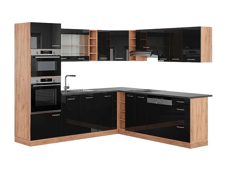 Cuisine en angle noir brillant/chêne doré 247x60x81.6 r-line