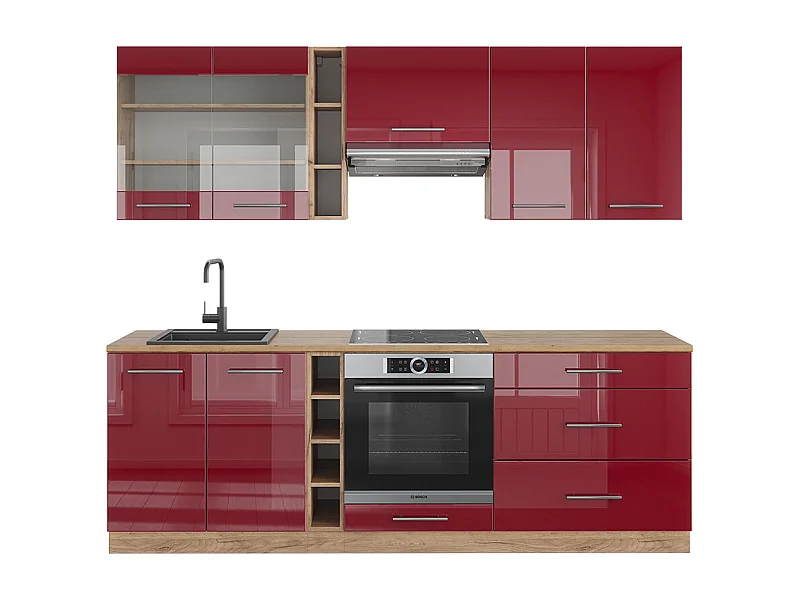 Mueble de cocina burdeos brillo intenso/roble dorado 235x60x81.6 fame-line