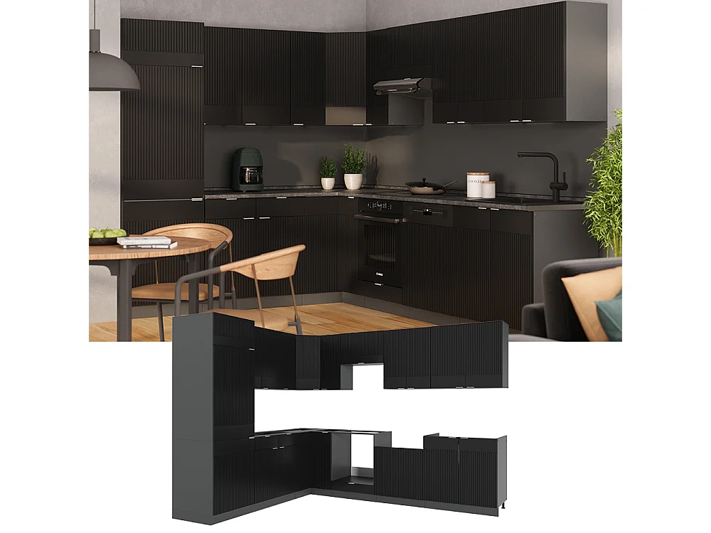 Cuisine en angle noir rayé/anthracite 287x60x81.6 fame-line
