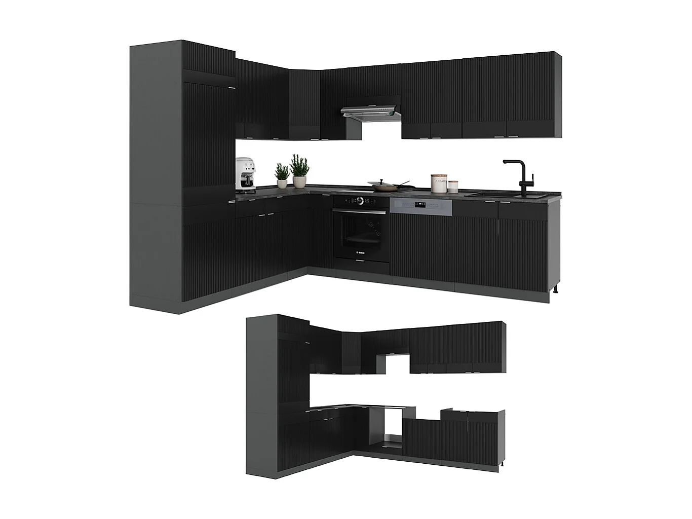 Cuisine en angle noir rayé/anthracite 287x60x81.6 fame-line