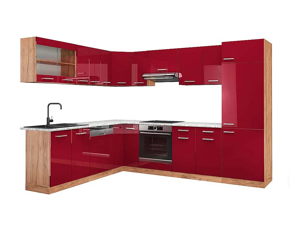 Cocina esquinera rojo brillo intenso/roble dorado 287x60x81.6 r-line