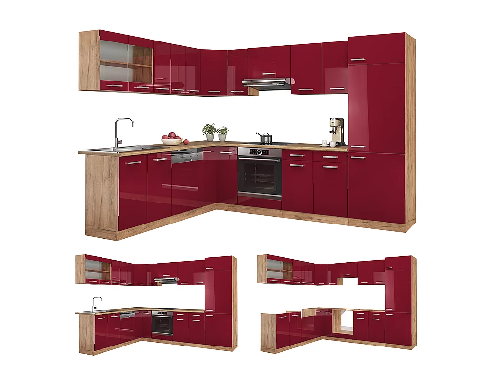 Cuisine en angle rouge brillant/chêne de force doré 287x60x81.6 r-line