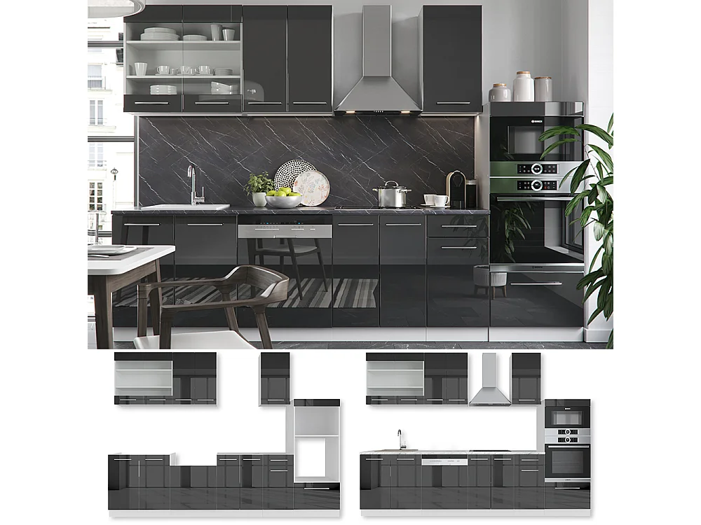 Cuisine anthracite brillant/blanc 300x60x81.6 fame-line