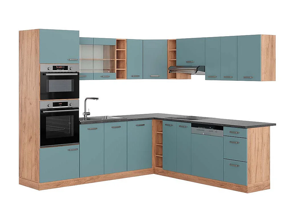 Cocina esquinera roble azul-gris-dorado 247x60x81.6 r-line