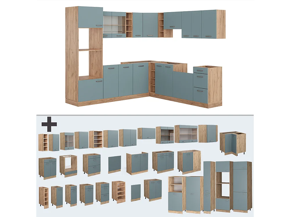 Cocina esquinera roble azul-gris-dorado 247x60x81.6 r-line