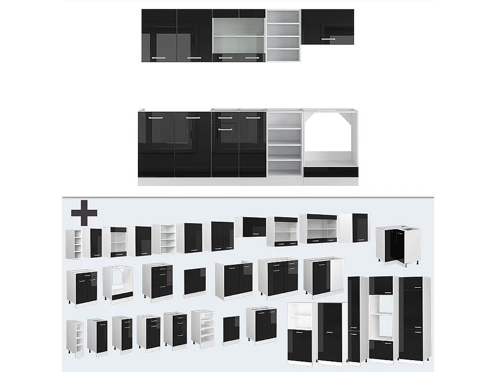 Cucina componibile nero lucido/bianco 240x60x81.6 r-line