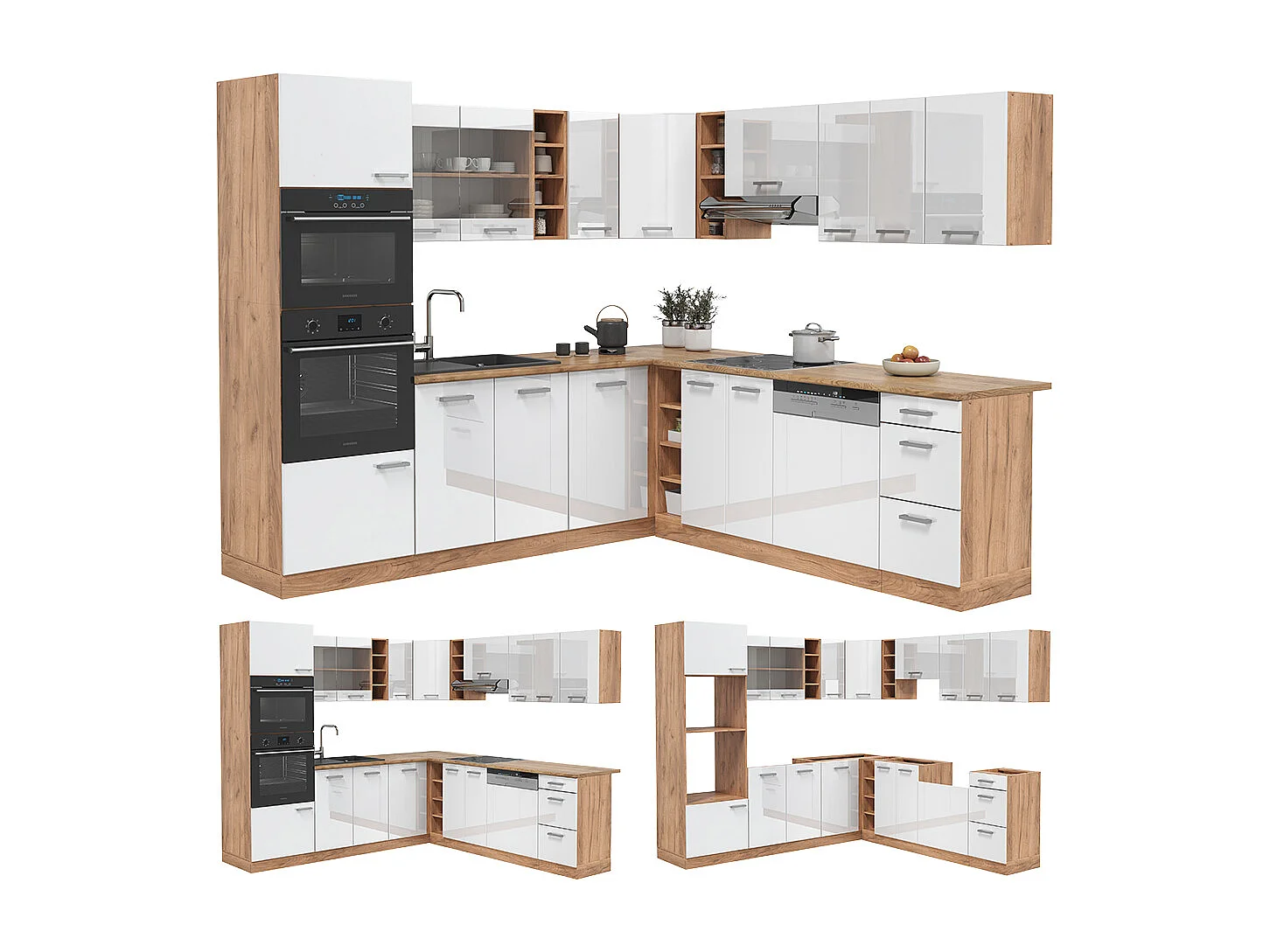 Cucina angolare completa bianco lucido/oro power oak 247x46x81.6 r-line