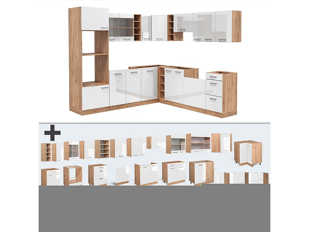 Cuisine en angle blanc brillant/chêne doré 247x46x81.6 r-line