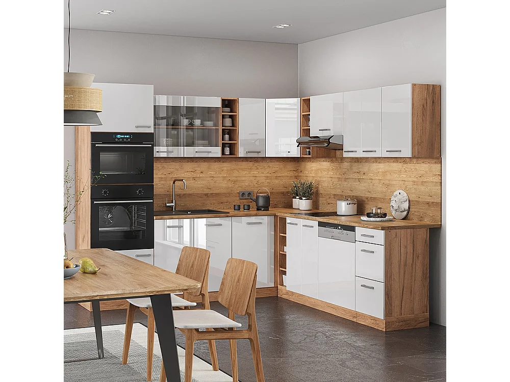 Hjørnekøkken hvid højglans/gylden eg 247x46x81.6 r-line