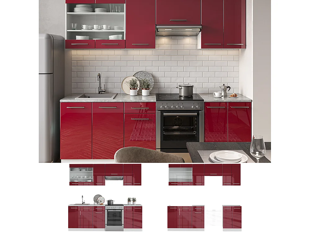 Køkkenrække bordeaux højglans/hvid 240x60x81.6 fame-line