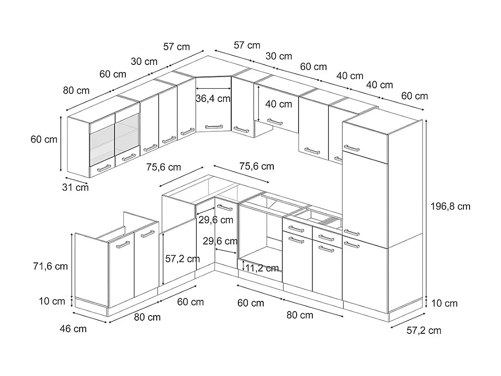 Cocina esquinera roble azul-gris-dorado 287x46x81.6 r-line