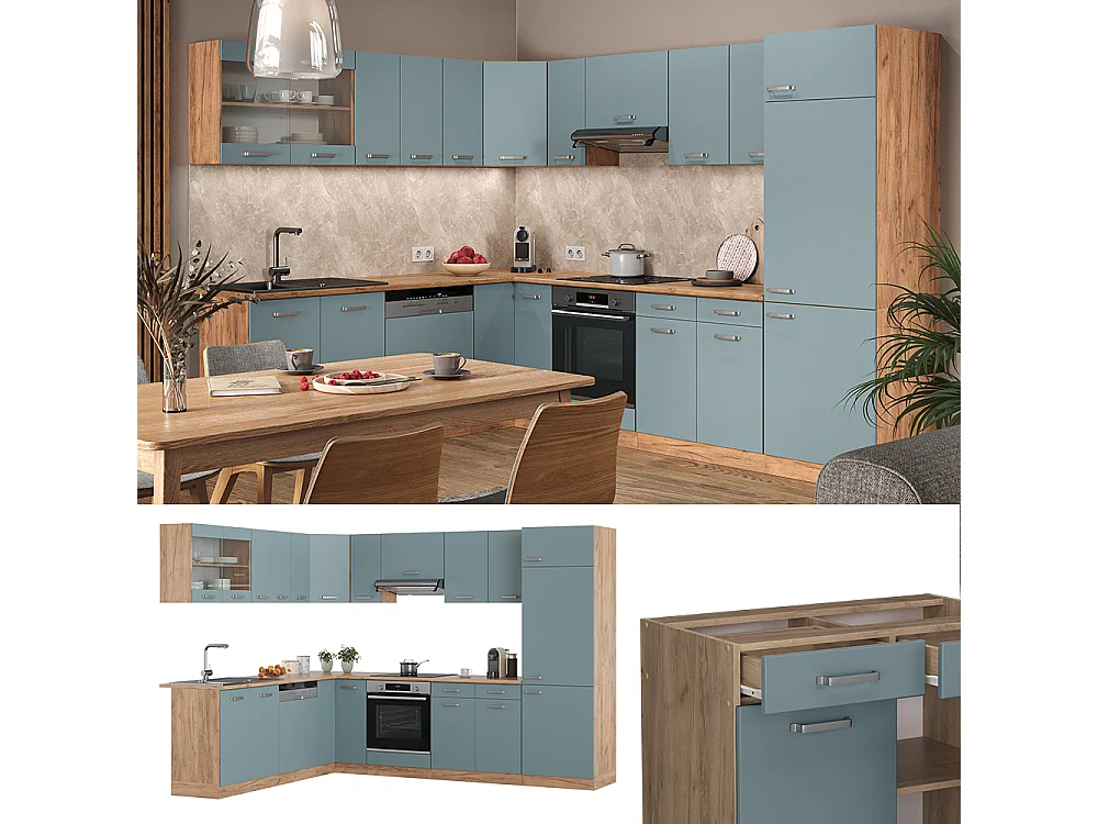 Cocina esquinera roble azul-gris-dorado 287x46x81.6 r-line