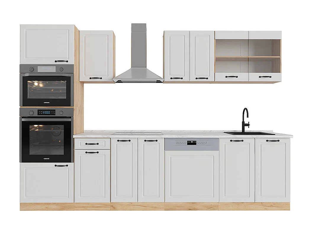 Küchenzeile weiß landhaus/goldkraft eiche 300x60x81.6 r-line