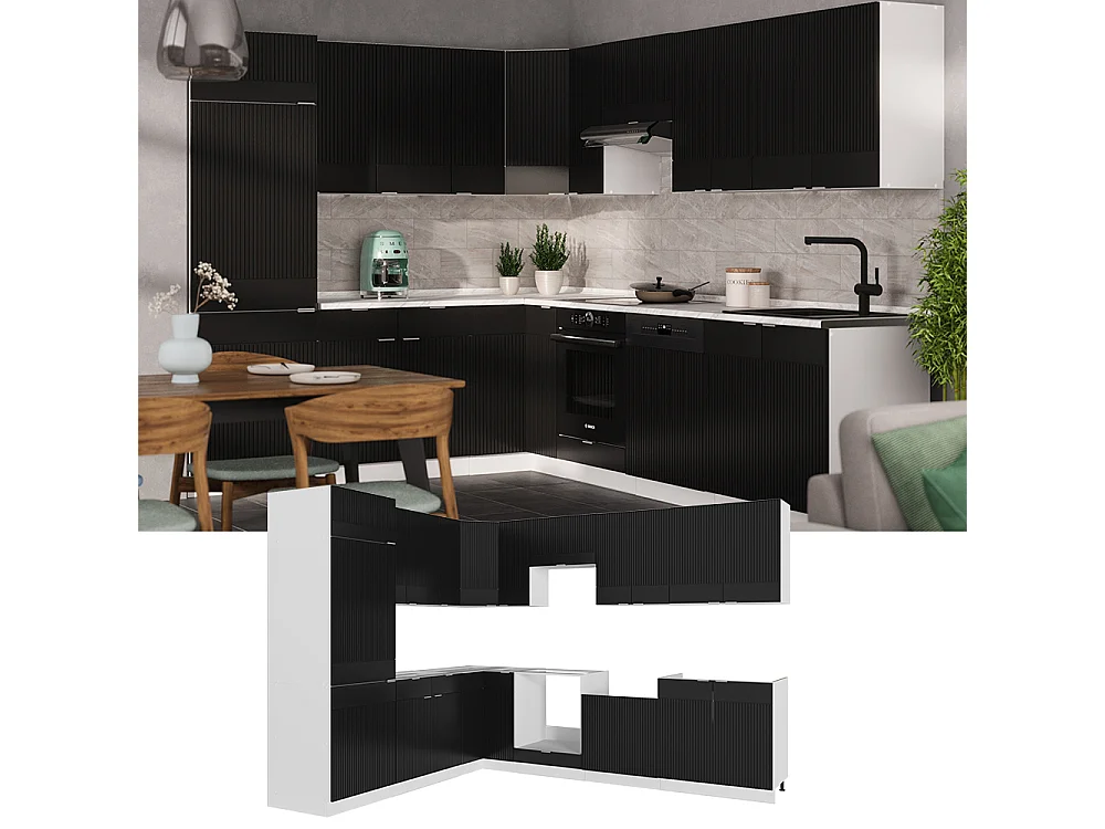 Cuisine en angle noir rayé/blanc 287x60x81.6 fame-line