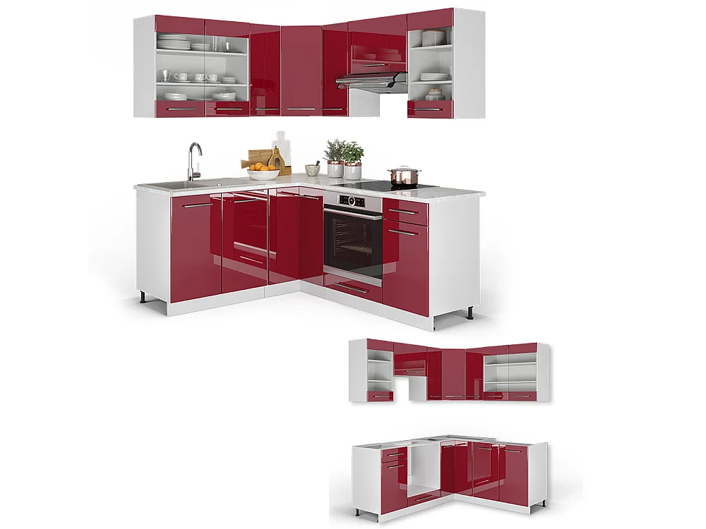 Cucina angolare completa bordeaux lucido/bianco 190x60x81.6 fame-line