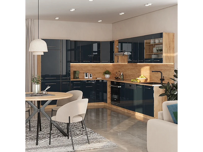 Cocina esquinera azul oscuro alto brillo/roble dorado 347x46x81.6 fame-line