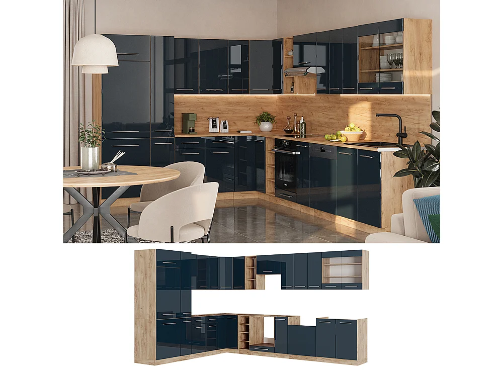 Cocina esquinera azul oscuro alto brillo/roble dorado 347x46x81.6 fame-line