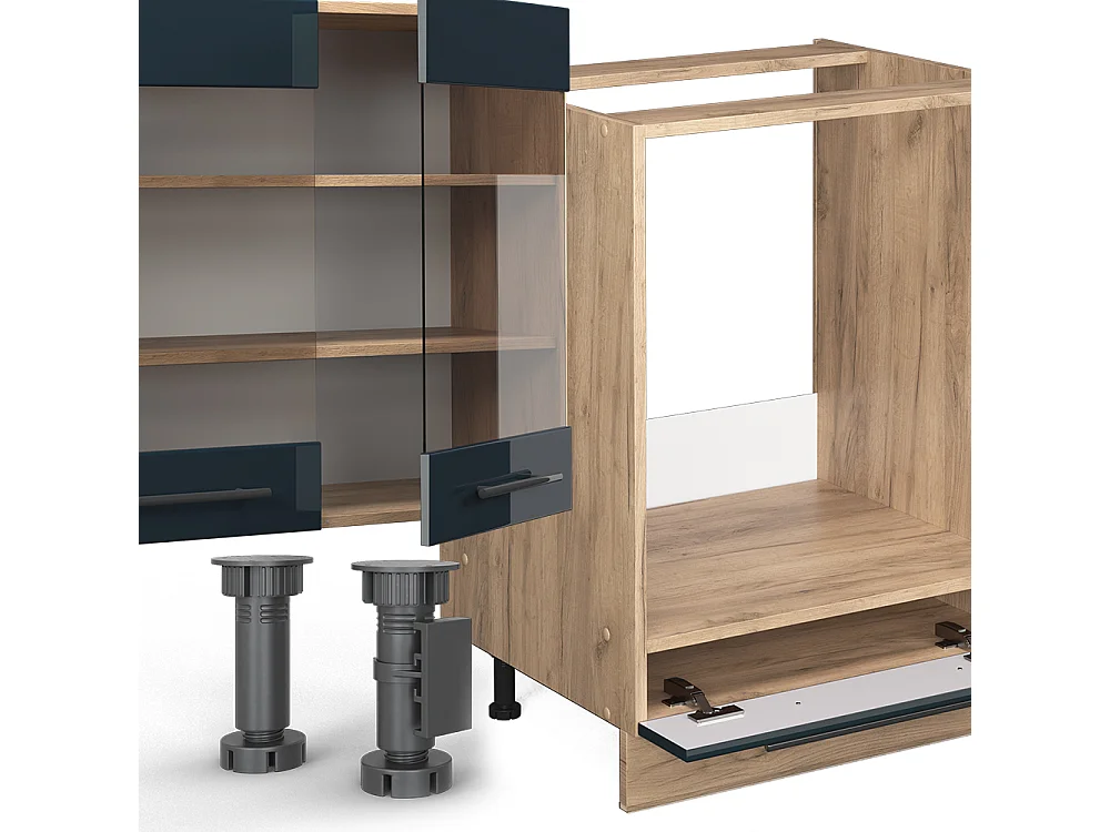 Eckküche dunkelblau hochglanz/goldkraft eiche 347x46x81.6 fame-line