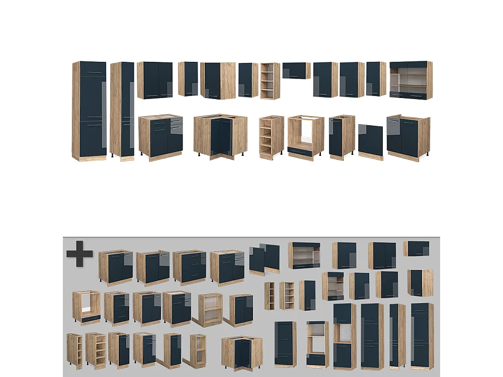 Eckküche dunkelblau hochglanz/goldkraft eiche 347x46x81.6 fame-line