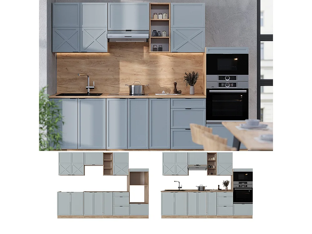 Mueble de cocina roble azul claro/gris dorado 280x46x81.6 fame-line