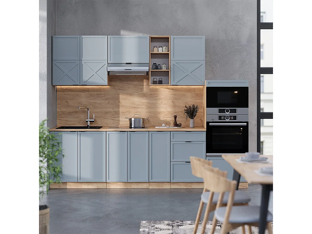 Mueble de cocina roble azul claro/gris dorado 280x46x81.6 fame-line