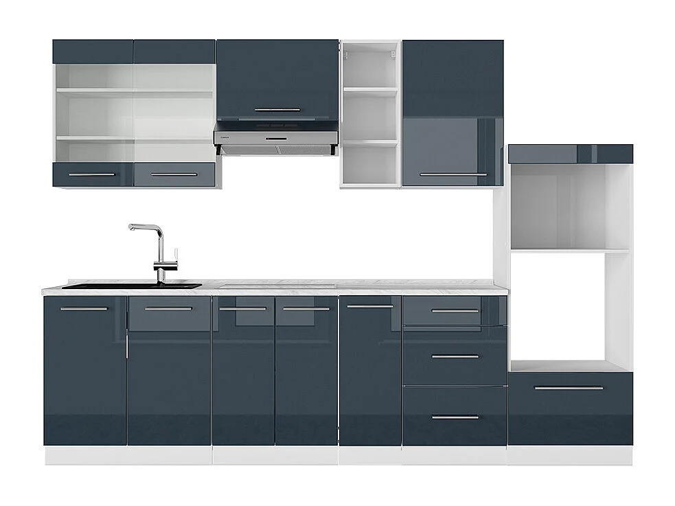 Mueble de cocina azul oscuro alto brillo/blanco 280x60x81.6 fame-line