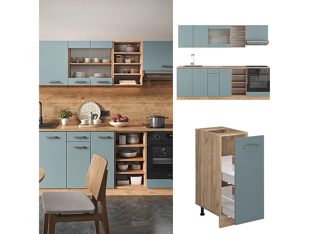 Mueble de cocina roble azul-gris-dorado 240x60x81.6 r-line