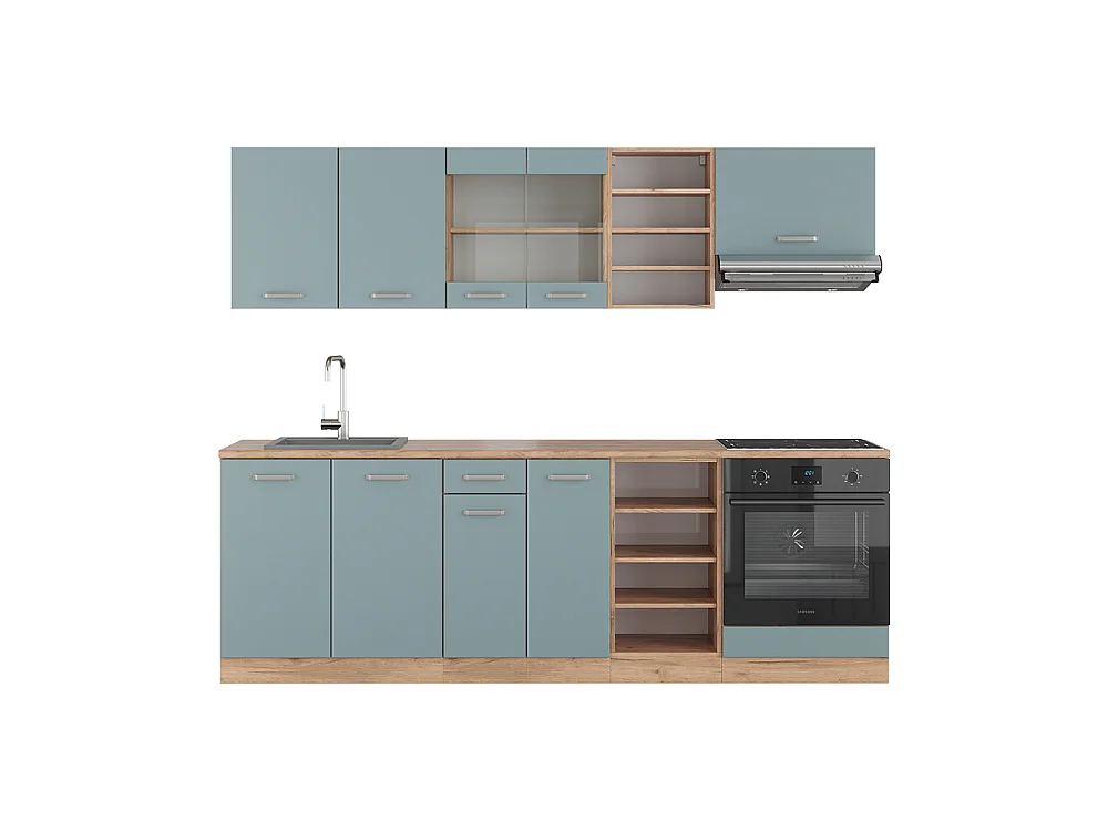 Küchenzeile blau-grau/goldkraft eiche 240x60x81.6 r-line