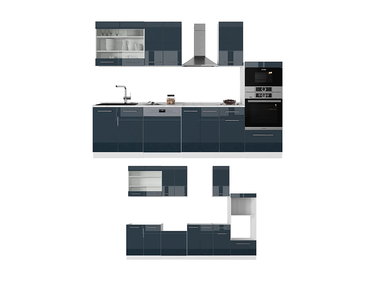 Mueble de cocina azul oscuro alto brillo/blanco 300x60x81.6 fame-line