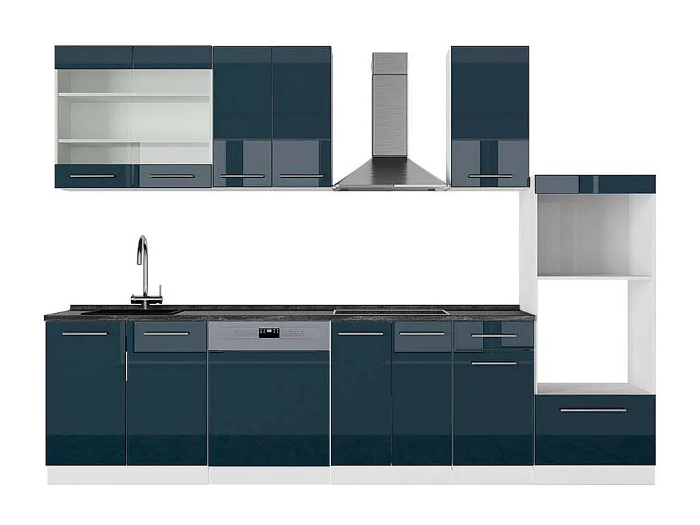 Cuisine bleu foncé brillant/blanc 300x60x81.6 fame-line