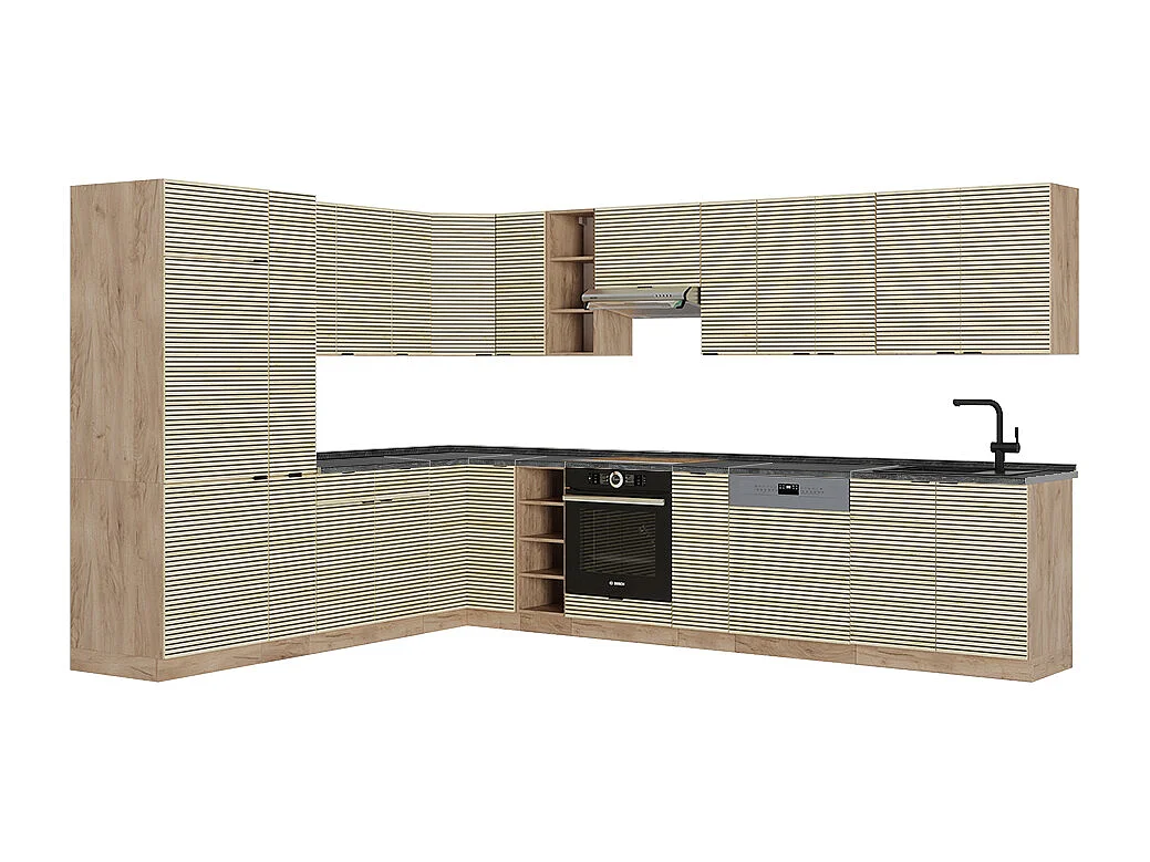 Cuisine en angle chêne lambris/chêne doré 347x60x81.6 fame-line