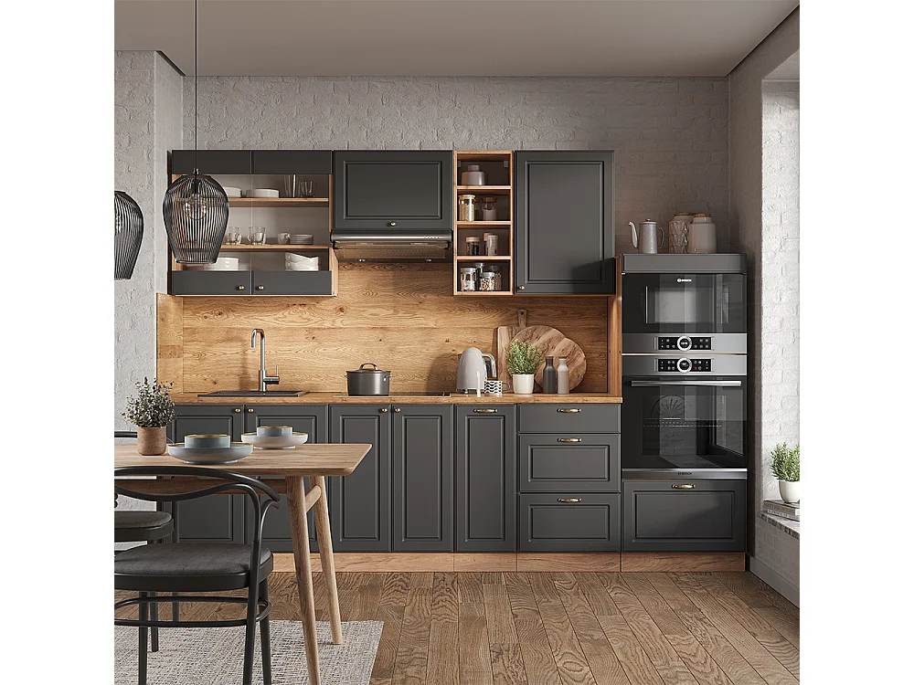 Mueble de cocina antracita casa de campo/roble kraft dorado 280x60x81.6 fame-line