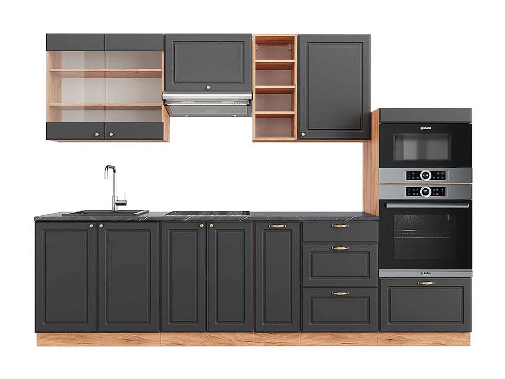 Mueble de cocina antracita casa de campo/roble kraft dorado 280x60x81.6 fame-line