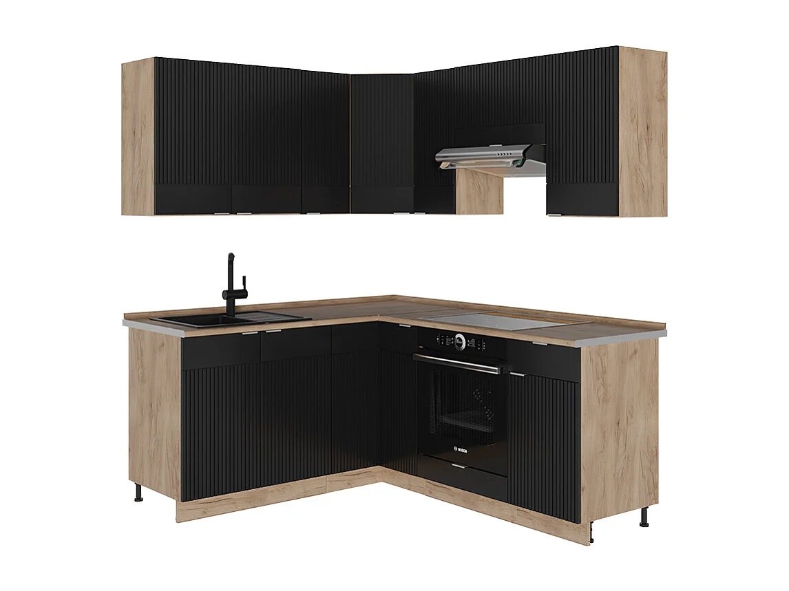 Cuisine en angle noir rayé/chêne doré 190x46x81.6 fame-line