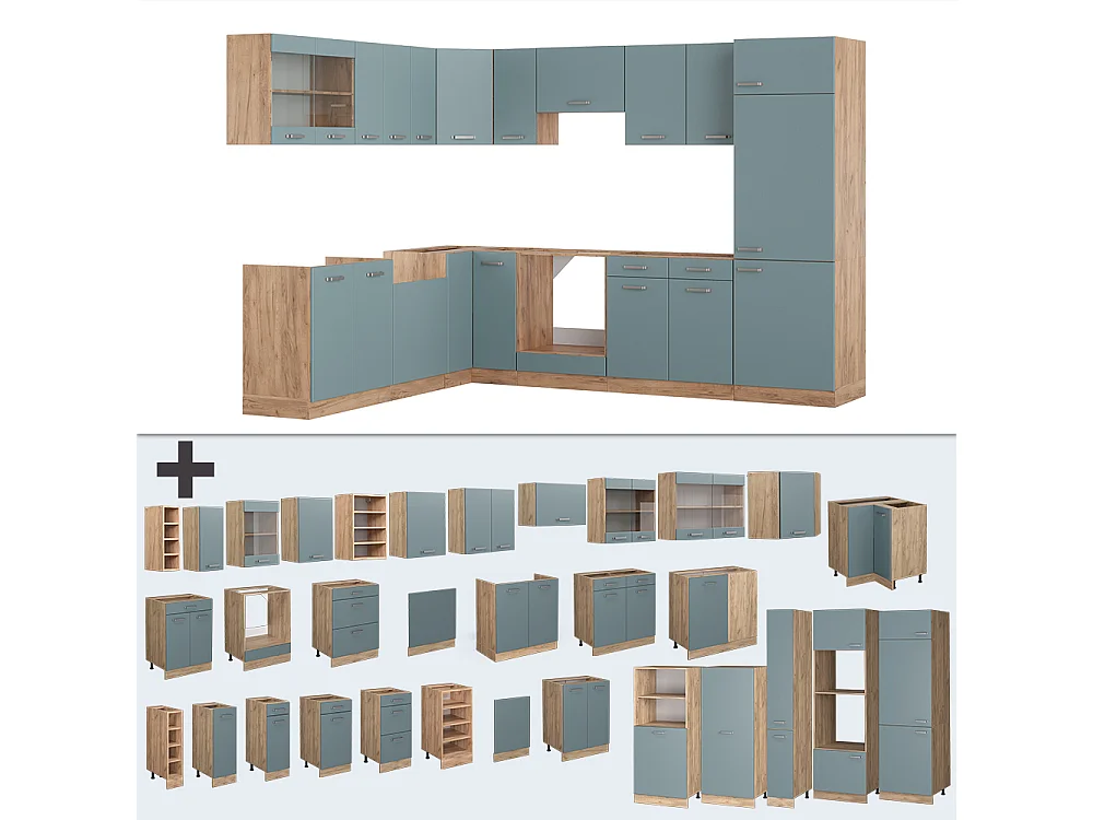 Cucina angolare completa rovere blu-grigio/oro 287x60x81.6 r-line