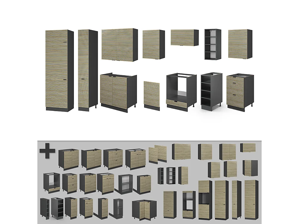 Complete keukeneenheid eiken paneel/antraciet 355x60x81.6 fame-line