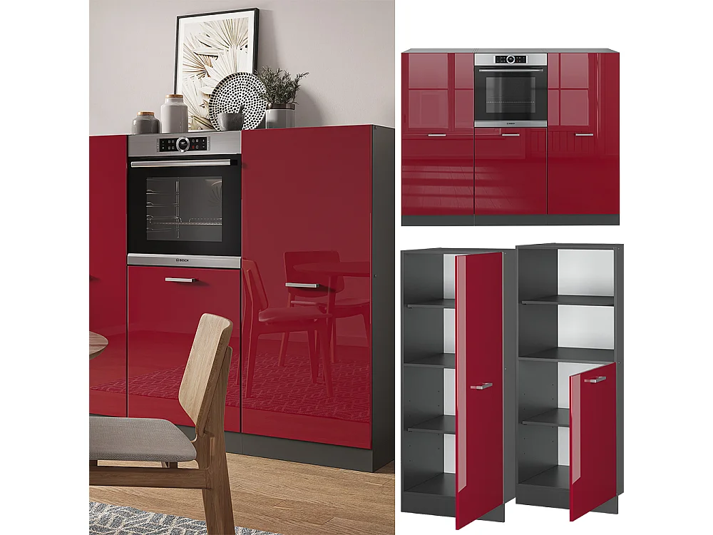 Bloque de cocina rojo brillo intenso/antracita 180x46x81.6 r-line
