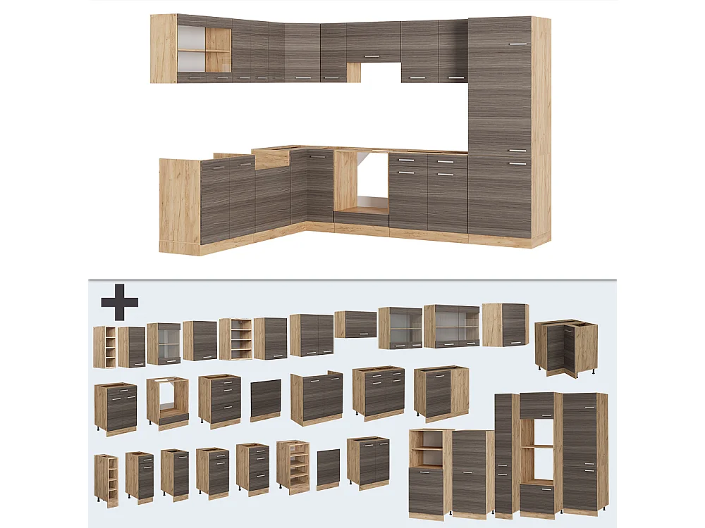 Cucina angolare completa grigio nobile/rovere dorato 287x46x81.6 r-line