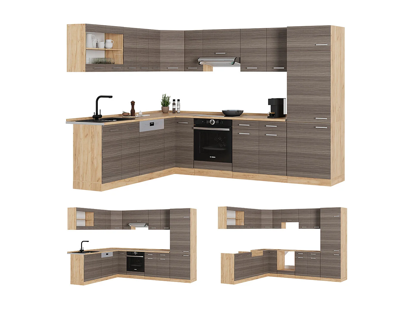 Cucina angolare completa grigio nobile/rovere dorato 287x46x81.6 r-line