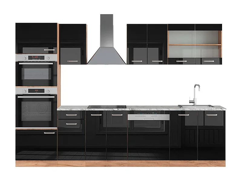 Küchenzeile schwarz hochglanz/goldkraft eiche 300x60x81.6 r-line