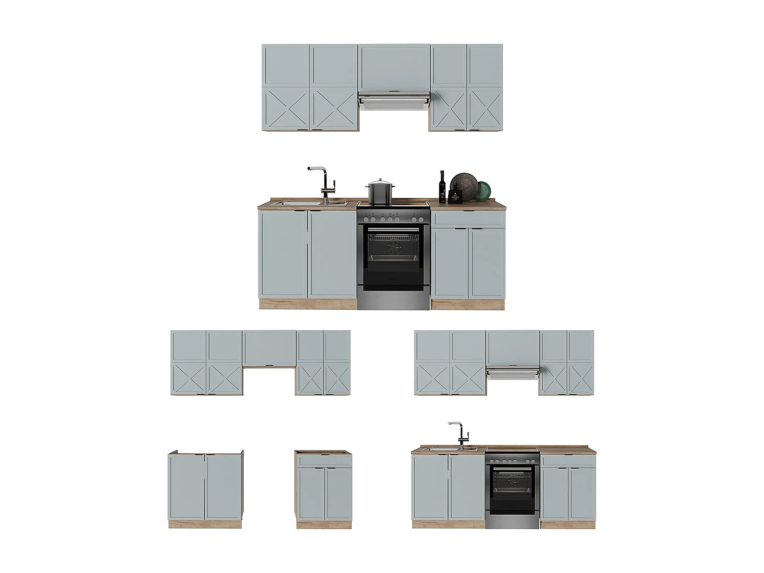 Cuisine bleu clair-gris/chêne force dor 200x60x81.6 fame-line