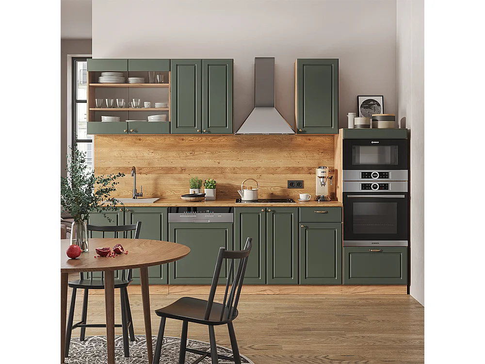 Küchenzeile grün-gold landhaus/goldkraft eiche 300x60x81.6 fame-line